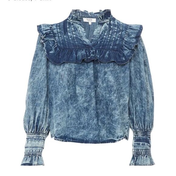 Sea New York Blue acid denim Ruffled Blouse, M - Picture 3 of 12